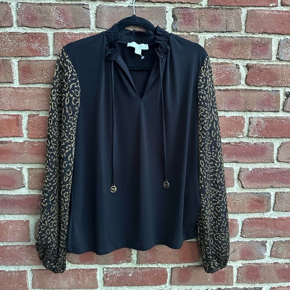 Michael Kors Ruffle Tie Neck Blouse Black Leopard Long Sleeve Large NEW - Picture 2 of 5